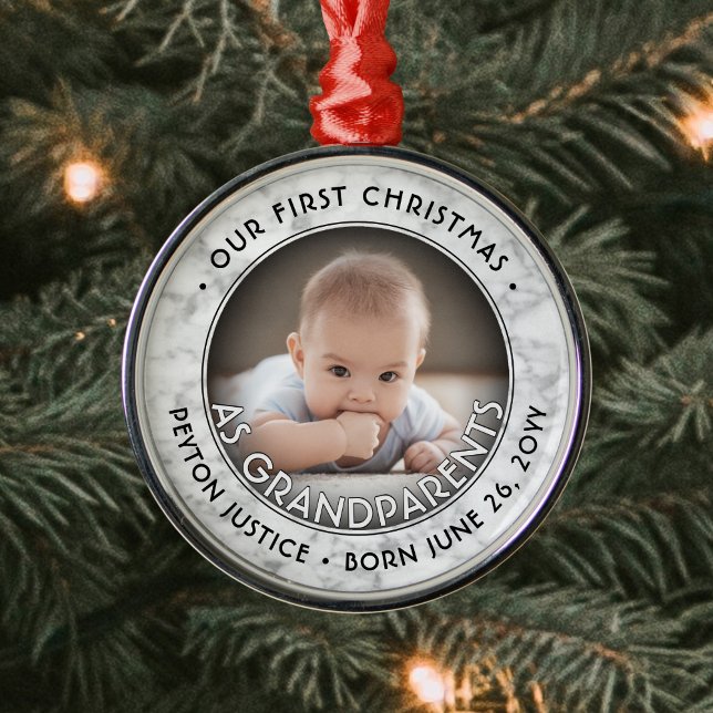 Grandparents First Christmas One Photo Faux Marble Metal Ornament (Creator Uploaded)