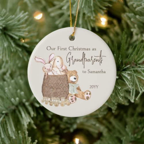 Grandparents First Christmas Photo and Teddy Bear Ceramic Ornament