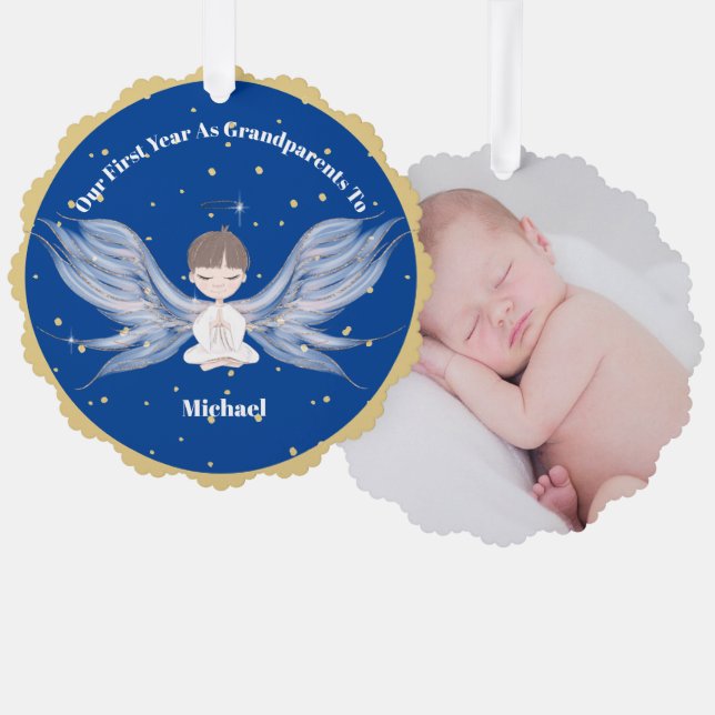 Grandparents First Christmas Photo Angel Gold Blue Ornament Card (Front/Back)