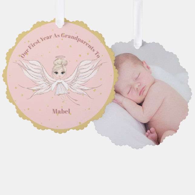 Grandparents First Christmas Photo Angel Gold Pink Ornament Card (Front/Back)