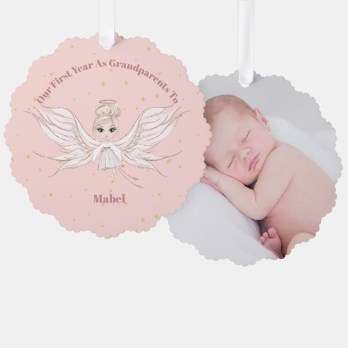 Grandparents First Christmas Photo Angel Pink Ornament Card