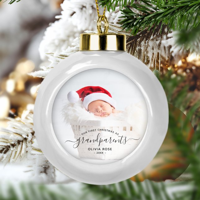Grandparents First Christmas Photo Black Script Ceramic Ball Christmas Ornament (Creator Uploaded)