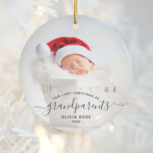 Grandparents First Christmas Photo Black Script Ceramic Ornament
