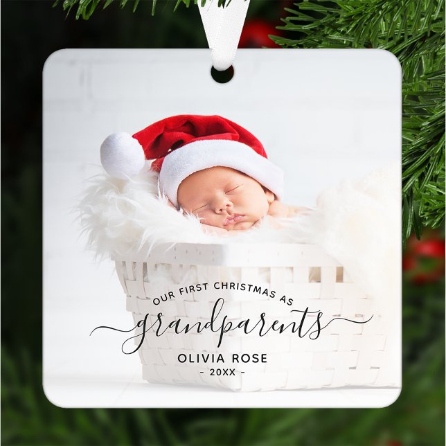 Grandparents First Christmas Photo Black Script Metal Ornament (Creator Uploaded)