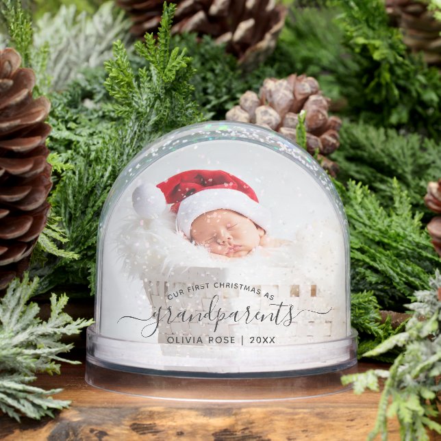 Grandparents First Christmas Photo Black Script Snow Globe (Winter)