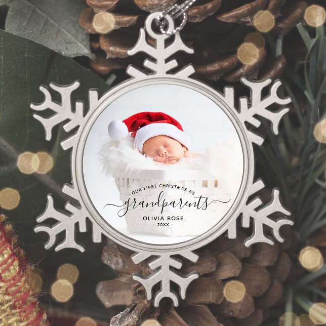 Grandparents First Christmas Photo Black Script Snowflake Pewter Christmas Ornament (Creator Uploaded)