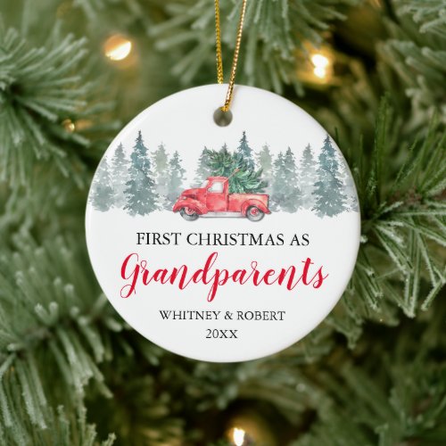 Grandparents First Christmas Photo Ceramic Ornament - Rustic watercolor first christmas photo ornament featuring a simple white background, watercolor spruce trees, a vintage red truck, the words "first christmas as grandparents", the names of grandma & grandpa, and the year. On the reverse is a treasured picture of the grandchild.