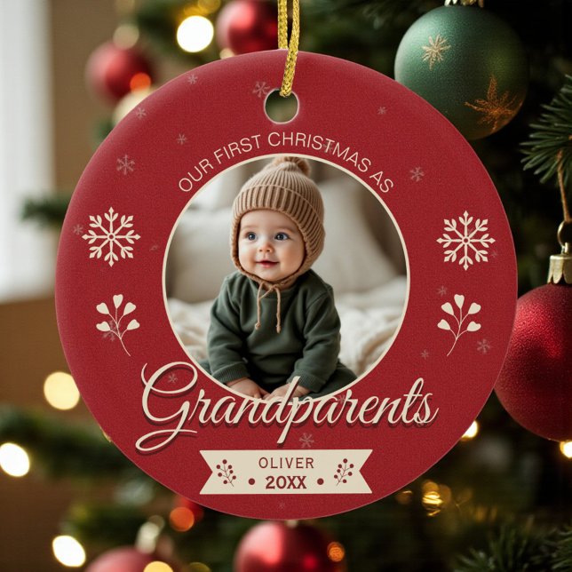 Grandparents First Christmas Photo Ceramic Ornament (Creator Uploaded)