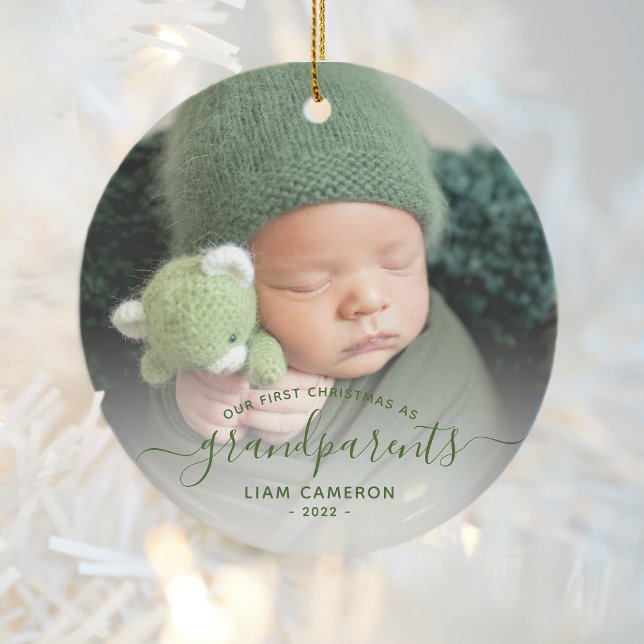 Grandparents First Christmas Photo Green Script Ceramic Ornament (Creator Uploaded)