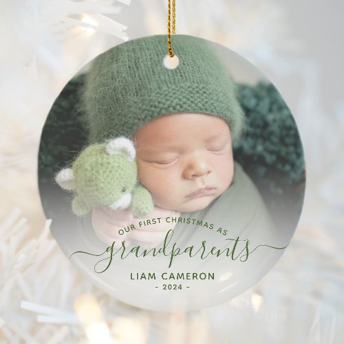 Grandparents First Christmas Photo Green Script Ceramic Ornament