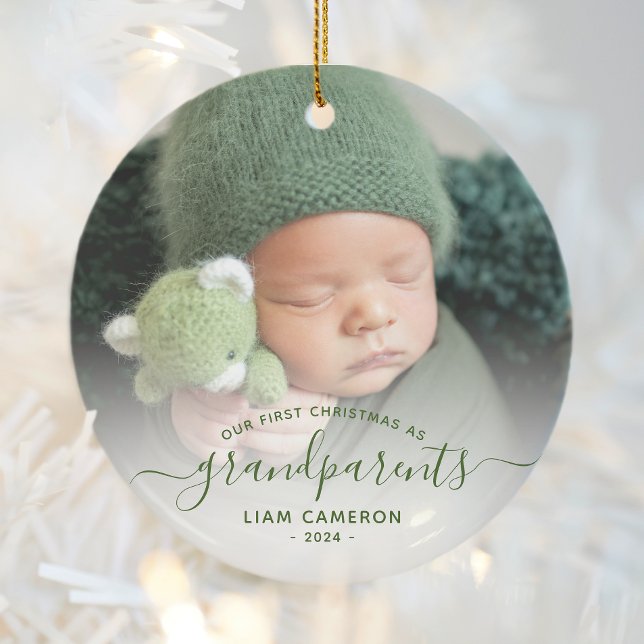 Grandparents First Christmas Photo Green Script Ceramic Ornament (Creator Uploaded)