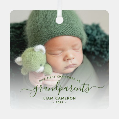 Grandparents First Christmas Photo Green Script Metal Ornament