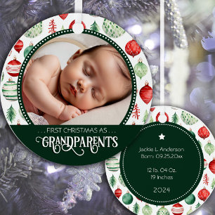 Grandparents First Christmas Photo Holiday Pattern Metal Ornament