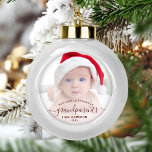 Grandparents First Christmas Photo Red Script Ceramic Ball Christmas Ornament<br><div class="desc">Help them celebrate their first grandchild with this beautiful modern keepsake ornament. The burgundy red text reads "Our first Christmas as grandparents, " with the word "grandparents" in elegant handwriting script with flourishes before and after. Easily replace the sample image with your favorite photo of the new baby, and add...</div>