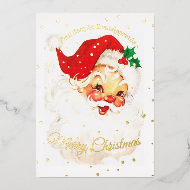 Grandparents First Christmas Photo Santa Merry Foil Holiday Card (Front)
