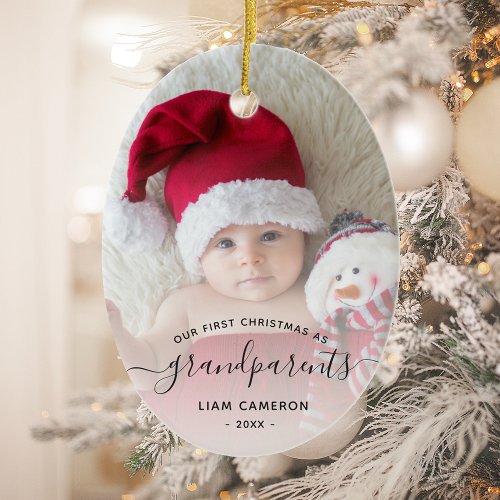 Grandparents First Christmas Photo Script Oval Ceramic Ornament