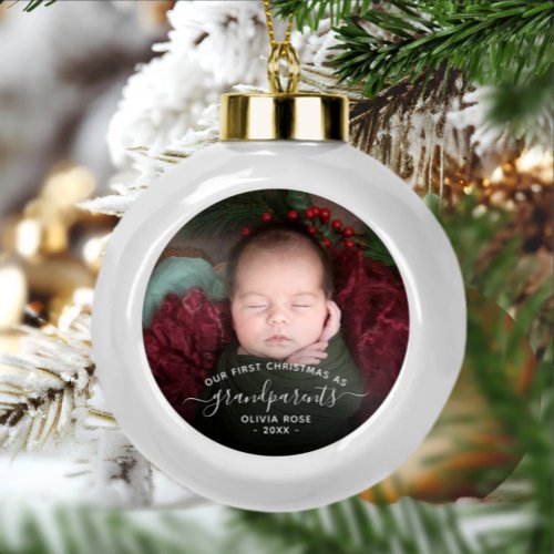 Grandparents First Christmas Photo White Script Ceramic Ball Christmas Ornament