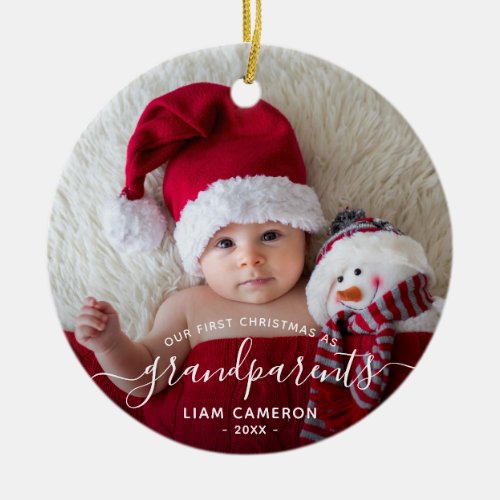 Grandparents First Christmas Photo White Script Ceramic Ornament