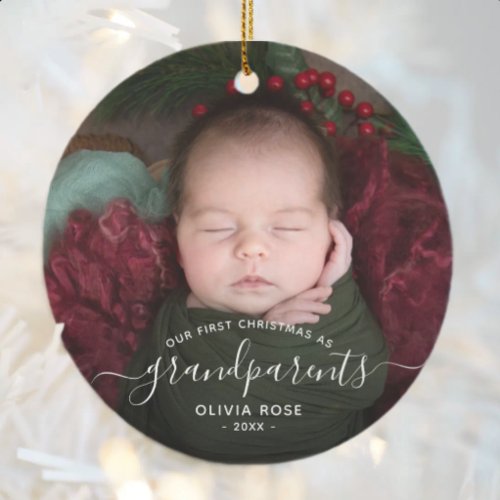 Grandparents First Christmas Photo White Script Ceramic Ornament