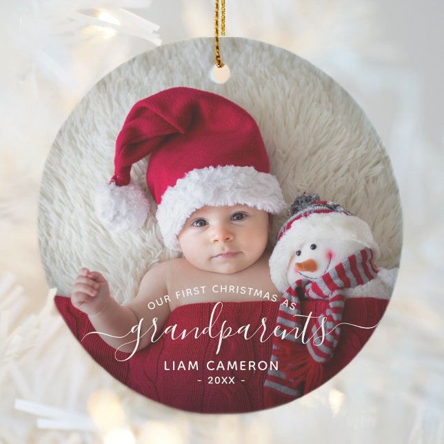 Grandparents First Christmas Photo White Script Ceramic Ornament (Creator Uploaded)