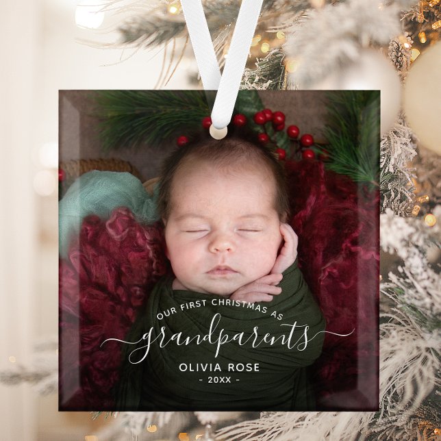 Grandparents First Christmas Photo White Script Glass Ornament (Creator Uploaded)