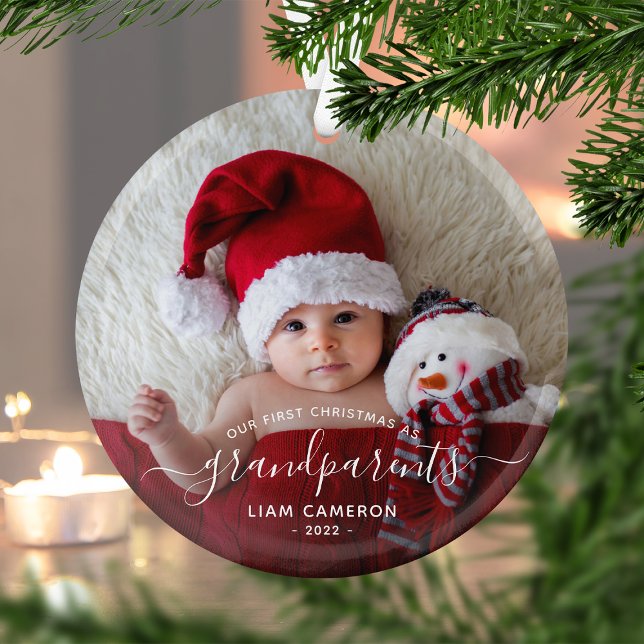 Grandparents First Christmas Photo White Script Glass Ornament (Creator Uploaded)