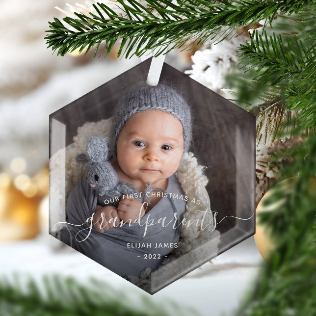 Grandparents First Christmas Photo White Script Glass Ornament (Creator Uploaded)