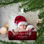Grandparents First Christmas Photo White Script Metal Ornament<br><div class="desc">Help them celebrate their first grandchild with this beautiful modern keepsake ornament. The off-black text reads "Our first Christmas as grandparents, " with the word "grandparents" in elegant handwriting script with flourishes before and after. Easily replace the sample image with your favorite photo of the new baby, and add his...</div>