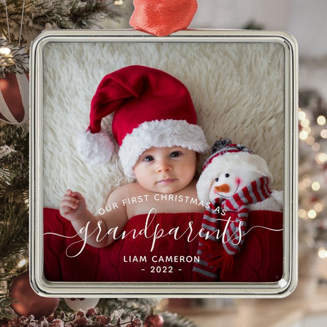 Grandparents First Christmas Photo White Script Metal Ornament (Creator Uploaded)