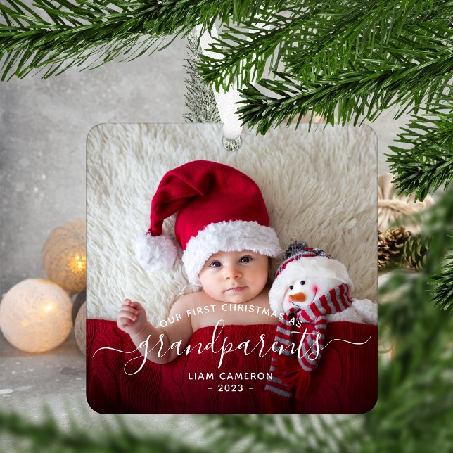 Grandparents First Christmas Photo White Script Metal Ornament (Creator Uploaded)