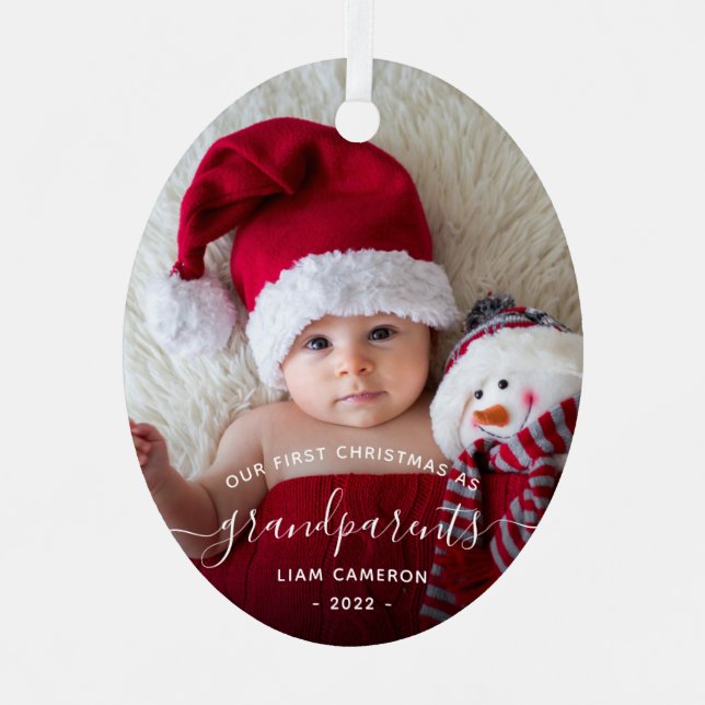 Grandparents First Christmas Photo White Script Metal Ornament (Front)
