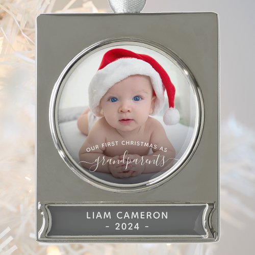 Grandparents First Christmas Photo White Script Silver Plated Banner Ornament