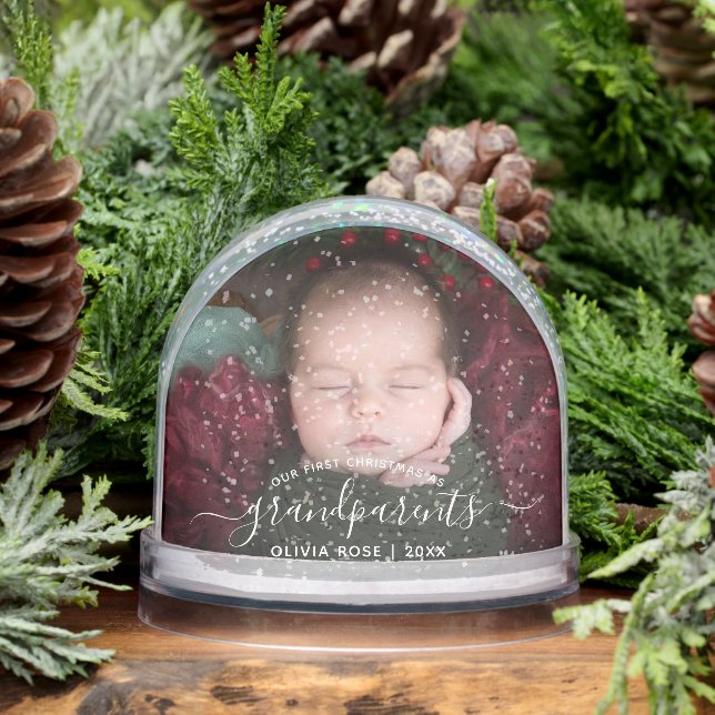 Grandparents First Christmas Photo White Script Snow Globe (Winter)