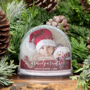 Grandparents First Christmas Photo White Script Snow Globe
