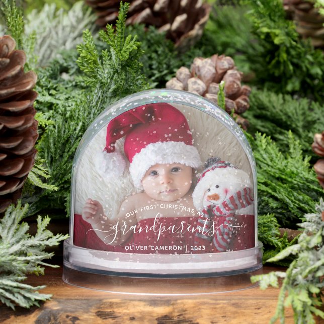 Grandparents First Christmas Photo White Script Snow Globe (Winter)