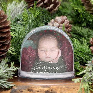 Grandparents First Christmas Photo White Script Snow Globe