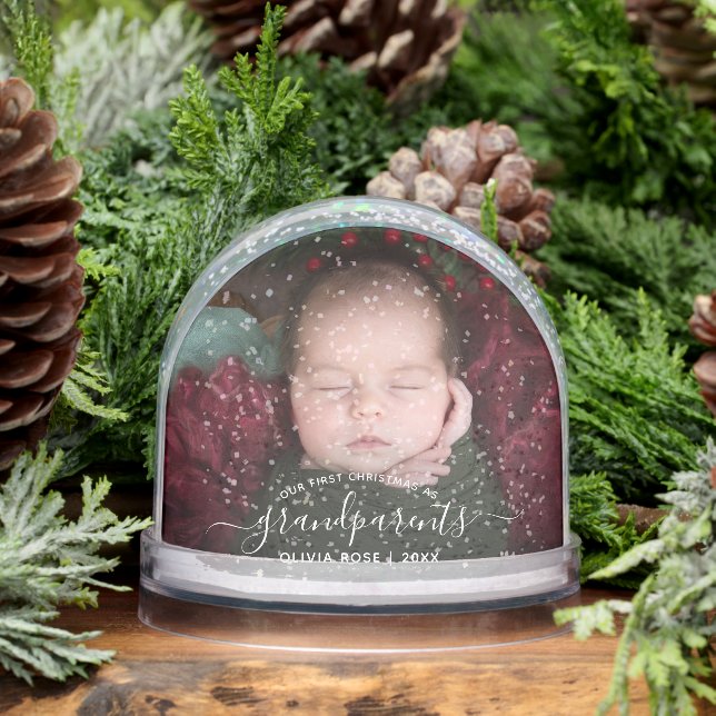 Grandparents First Christmas Photo White Script Snow Globe (Winter)