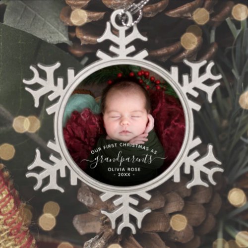 Grandparents First Christmas Photo White Script Snowflake Pewter Christmas Ornament