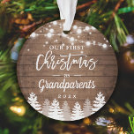 Grandparents First Christmas Pine Trees Photo Ornament<br><div class="desc">***** Don't forget to upload your favorite photo on the back. If you don't need the photo placement, you can remove it using design tool ***** Celebrate your First Christmas as Grandparents with this Rustic Wood Look String Lights Pine Trees Photo Ornament. Adding a favorite photo and text to this...</div>