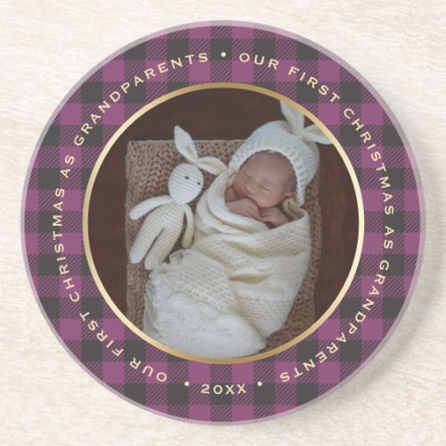 Grandparents First Christmas Purple Plaid Photo Coaster