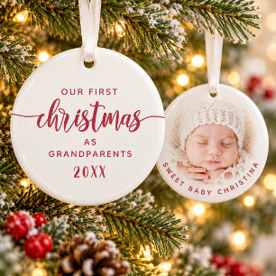 Grandparents First Christmas Red Script Photo Ornament