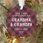 Grandparents First Christmas Rustic Plaid Photo Ornament<br><div class="desc">This rustic ornament is the perfect keepsake for first-time grandparents. The front of the ornament features a white typography design that reads "Our first Christmas as Grandma & Grandpa" in rustic lettering against a red and black plaid background. Customize the text with the nicknames for your family's grandparents, and add...</div>