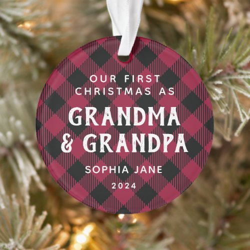 Grandparents First Christmas Rustic Plaid Photo Ornament
