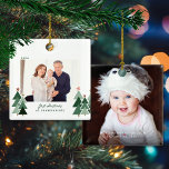Grandparents First Christmas Rustic Trees Photo Ceramic Ornament<br><div class="desc">Grandparent's First Christmas is the perfect take on Baby's First Christmas! Cute, Modern yet Rustic Christmas Holiday Photo Square Ornaments featuring adorable little forests of rustic Christmas trees and Merry Christmas in modern typography. Add 2 of your favorite photos for the perfect ornament! Please contact us at cedarandstring@gmail.com if you...</div>