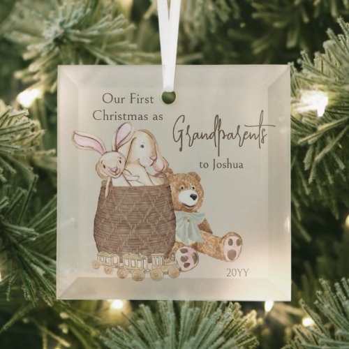 Grandparents First Christmas Teddy Bear Toy Basket Glass Ornament