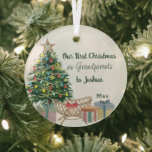 Grandparents First Christmas Tree and Crib Glass Ornament<br><div class="desc">Our First Christmas as Grandparents to ...  personalized holiday ornament keepsake. The design features a lit christmas tree with crib and gift wrapped presents. Perfect keepsake gift for grandparents celebrating the first christmas with a first,  or new grandchild.</div>