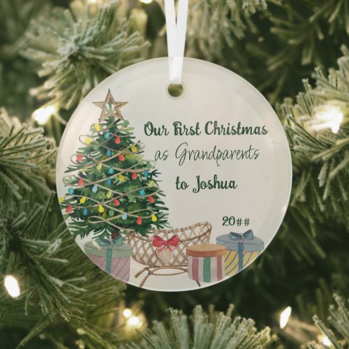 Grandparents First Christmas Tree and Crib Glass Ornament