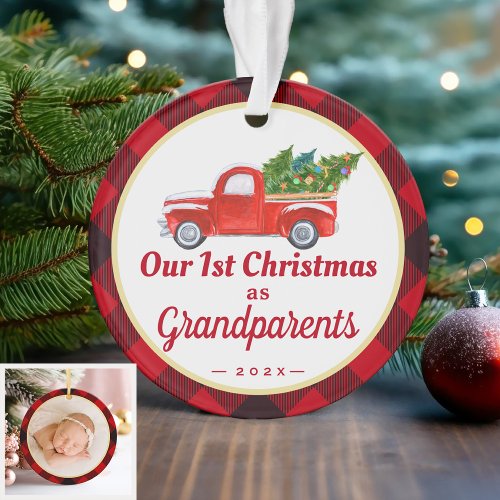 Grandparents First Christmas Truck Red Plaid Photo Ornament