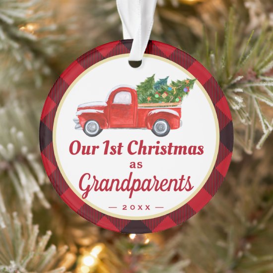 Grandparents First Christmas Truck Red Plaid Photo Ornament