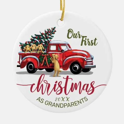 Grandparents First Christmas Vintage Red Truck Ceramic Ornament